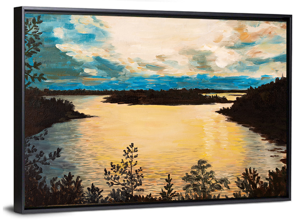 Golden Lake Sunset Painting Wall Art