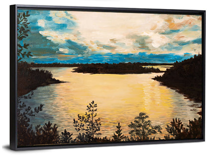 Golden Lake Sunset Painting Wall Art