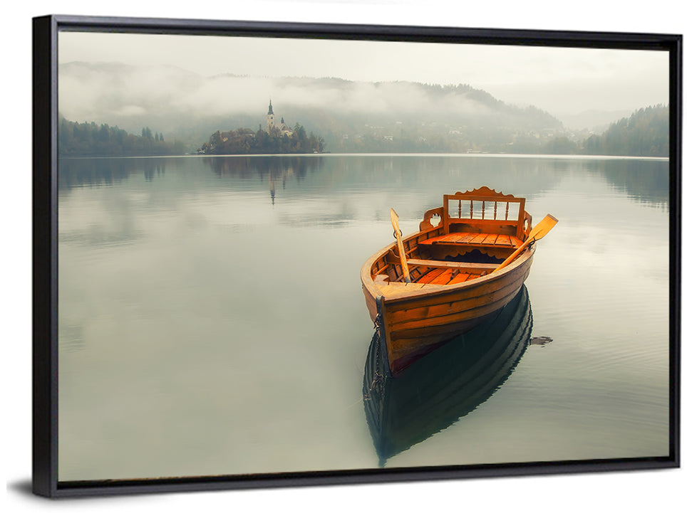 Wooden Boat on Misty Lake Bled Wall Art