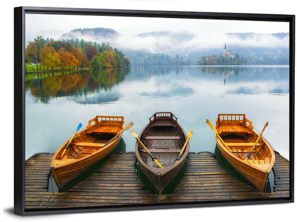 Moored Boats on Misty Lake Bled Wall Art