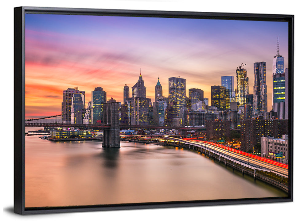 Brooklyn Bridge Light Trails Over Lower Manhattan Wall Art