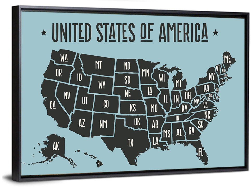 Minimalist USA Map with State Abbreviations Wall Art