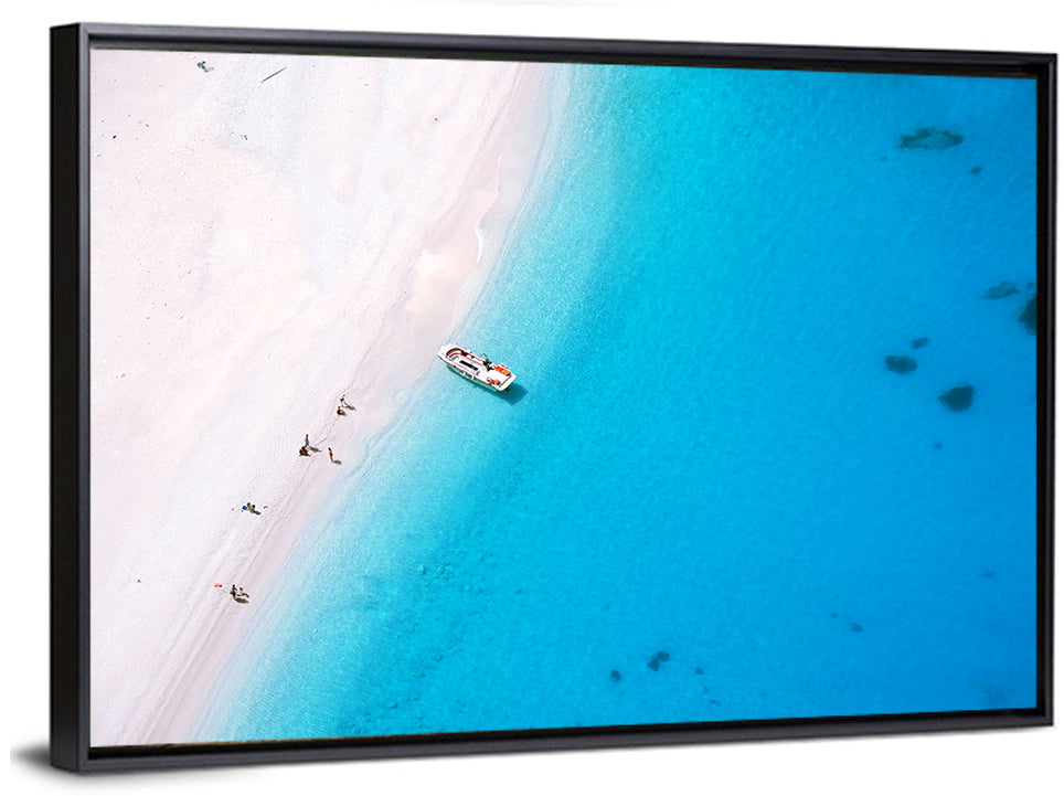 Aerial Beach Bay with White Boat Wall Art