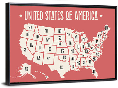 United States Map with State Abbreviations Wall Art