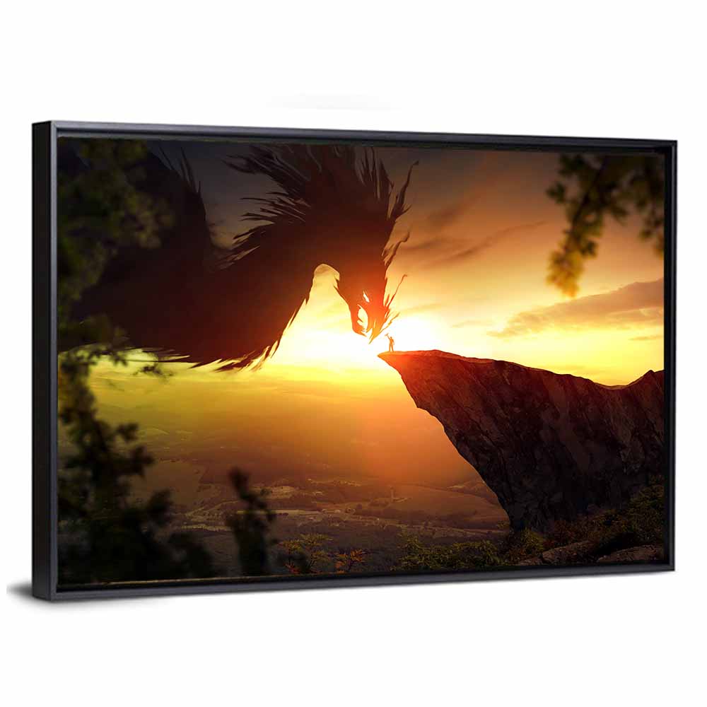 Man and Dragon at Sunset Wall Art