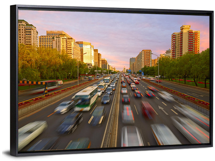 Beijing Sunset Traffic Streaks Wall Art as a framed canvas