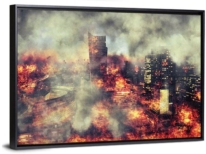 Warsaw Spire Burning City Abstract Wall Art as a framed canvas