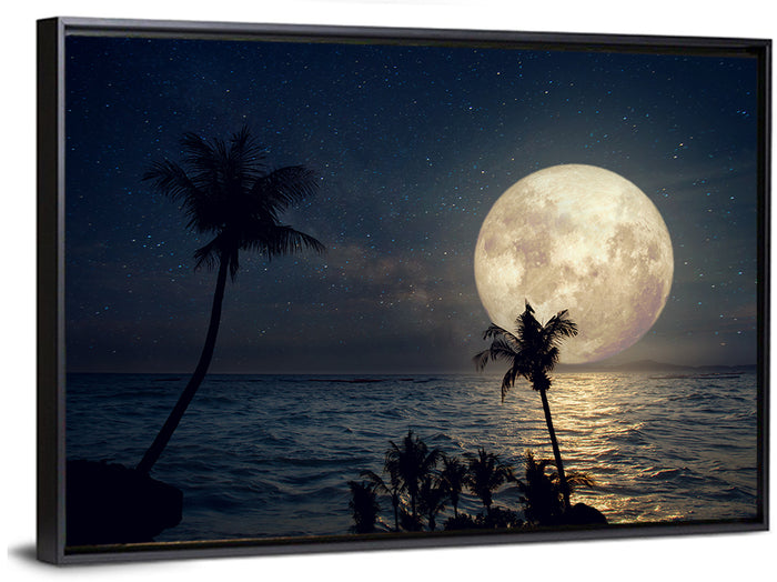 Supermoon Over Tropical Beach Wall Art as a framed canvas