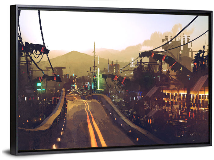 Futuristic Highway at Dusk Wall Art as a framed canvas