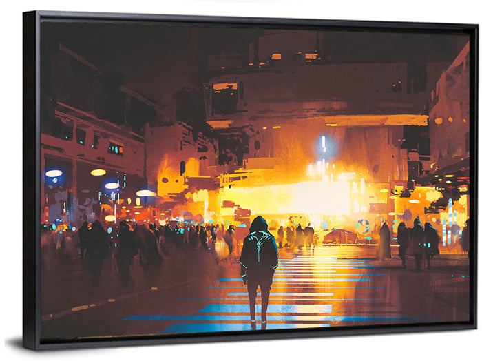 Futuristic Neon Cityscape Wall Art as a framed canvas