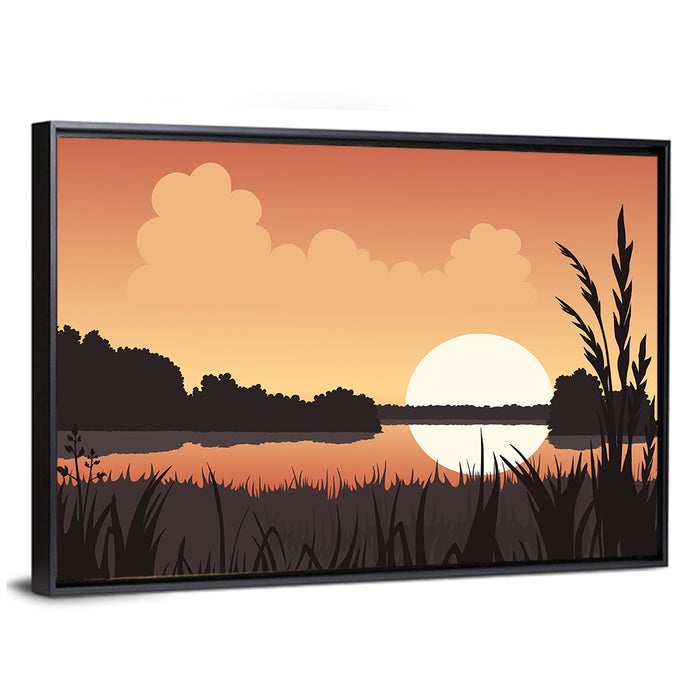 Summer Lake Sunset Wall Art as a framed canvas