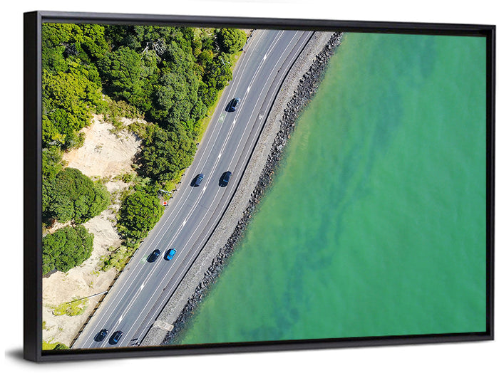 Auckland Coastal Highway Aerial View Wall Art as a framed canvas