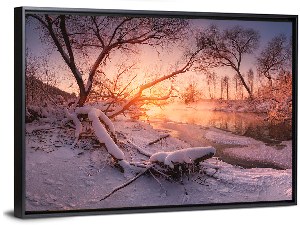 Sunset Over Snowy Forest Lake Wall Art