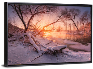 Snowy Forest Lake Sunset Wall Art