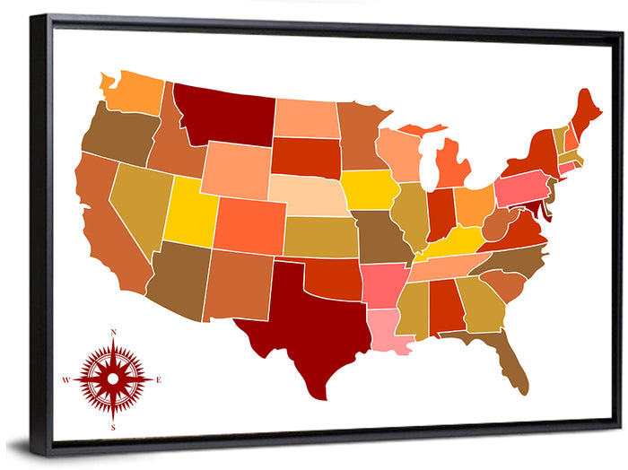 Stylized United States Map Wall Art as a framed canvas