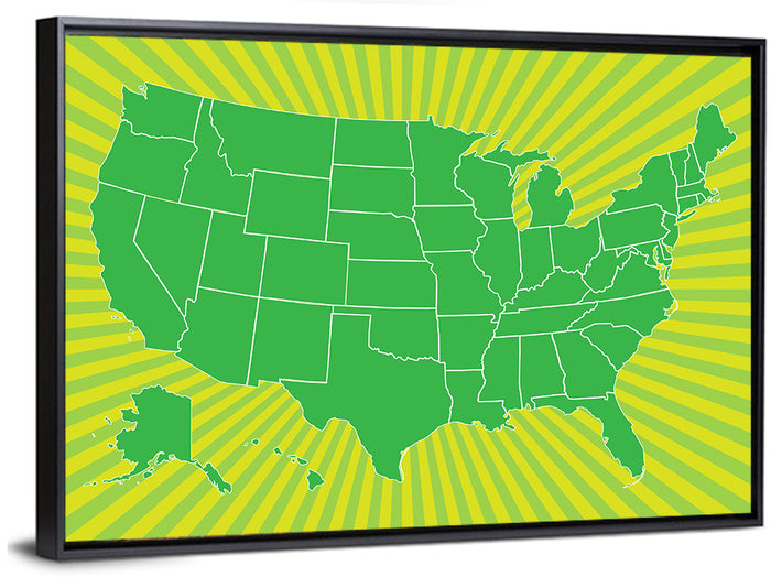 Green Sunburst USA Map Wall Art as a framed canvas