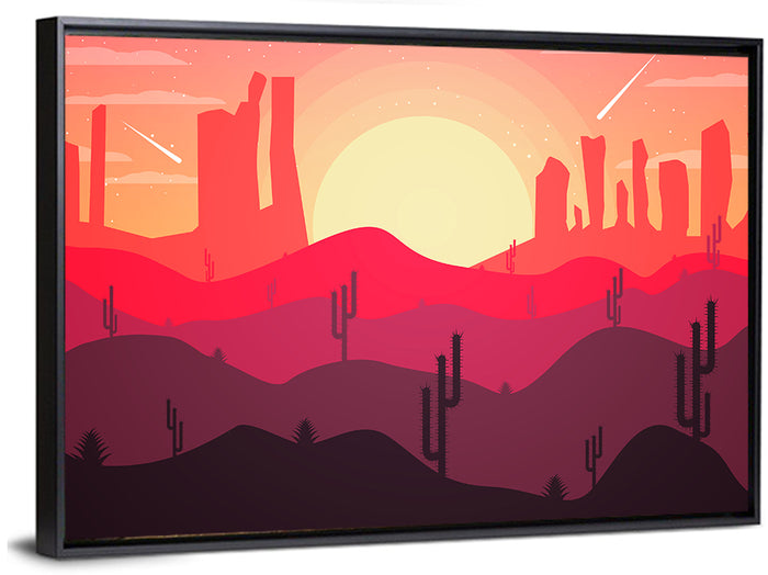 Sunset Desert Cacti Wall Art as a framed canvas