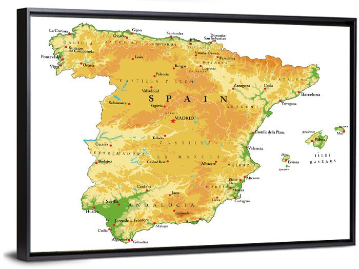 Spain Topographic Relief Map Wall Art as a framed canvas