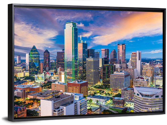 Dallas Twilight Skyline Wall Art as a framed canvas