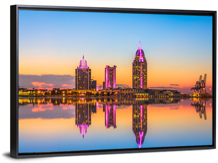 Mobile Alabama Sunset Skyline Wall Art as a framed canvas