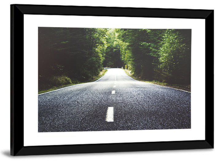 Summer Forest Road with Yellow Sign Wall Art as a framed print