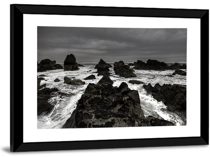 Moody Black and White Rocky Coast Waves Wall Art as a framed print