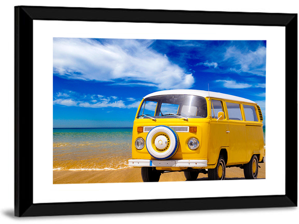 Yellow Vintage Van on Beach Wall Art