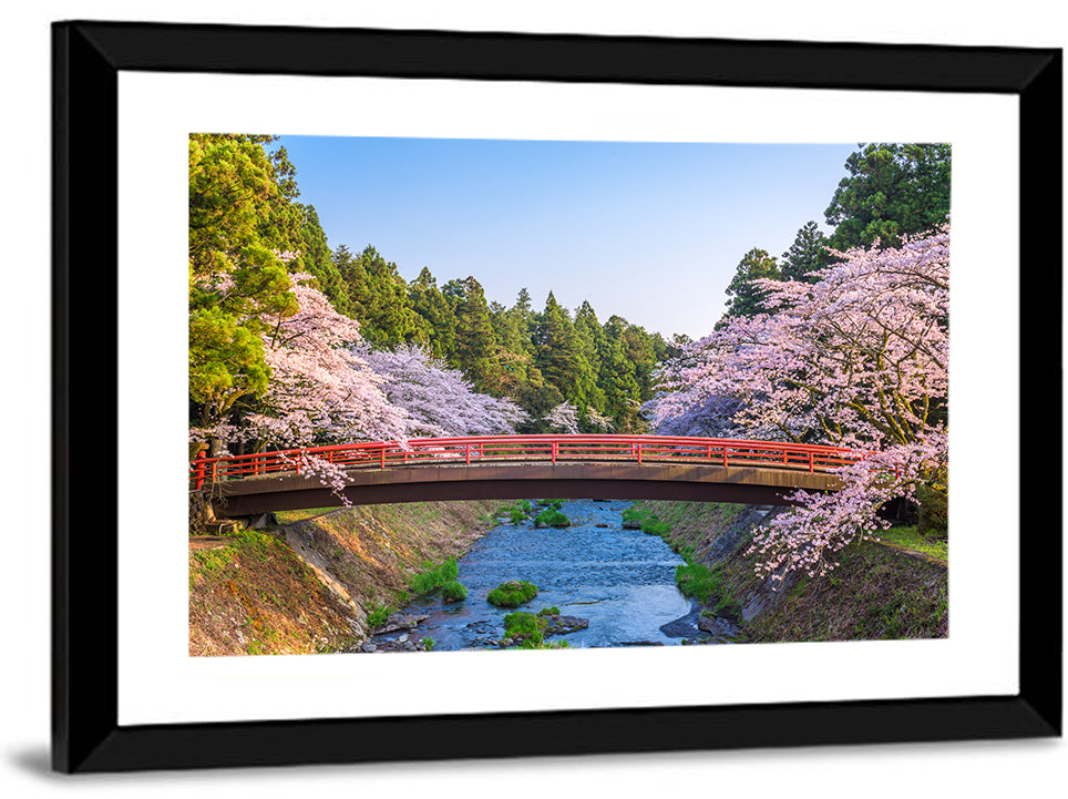 Arched Red Bridge with Cherry Blossoms Wall Art