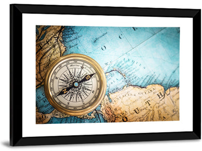 Vintage Compass Over Atlantic Map Wall Art
