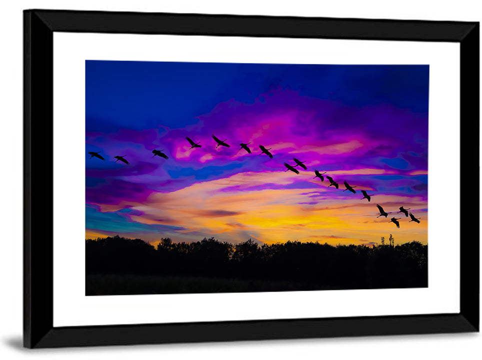 Silhouetted Cranes at Dusk Wall Art