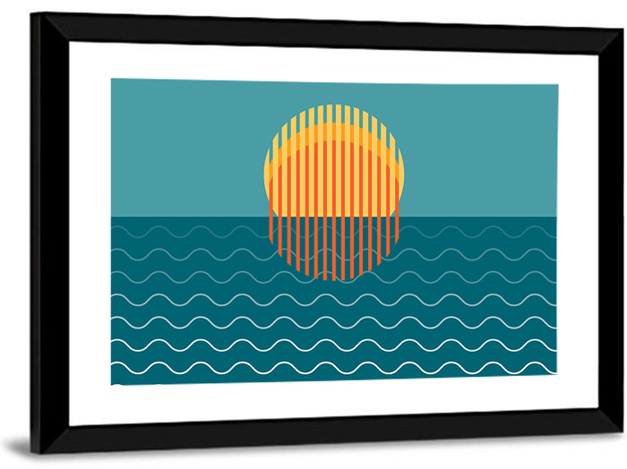 Teal Ocean Sunset Illustration Wall Art as a framed print