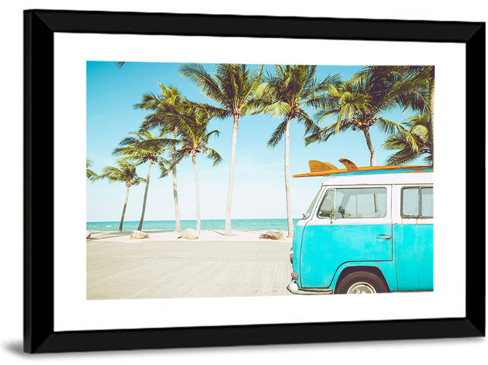 Vintage Vw Bus on Tropical Beach Wall Art as a framed print