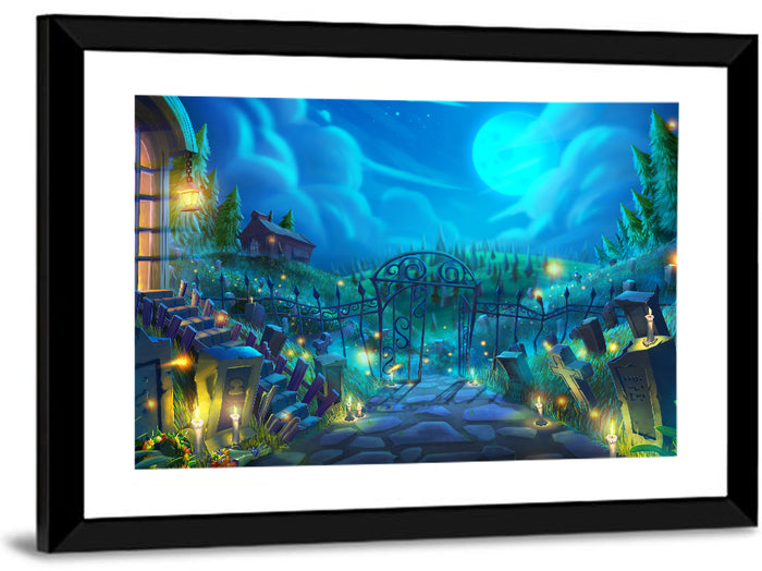 Halloween Cemetery Gate Illustration Wall Art as a framed print