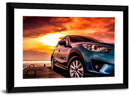 Suv on Pier at Sunset Wall Art