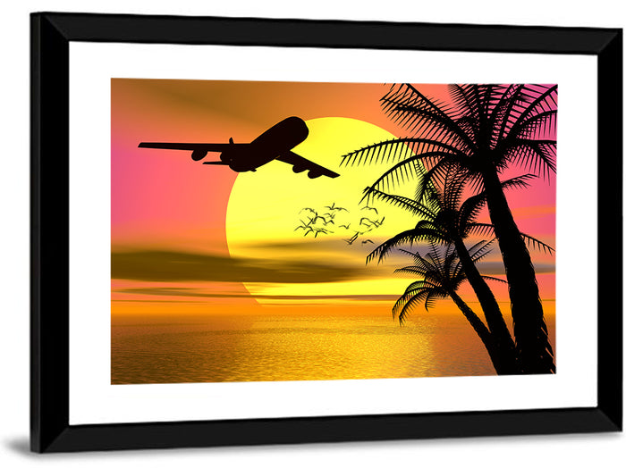 Wide-body Airplane Over Caribbean Dusk Wall Art as a framed print