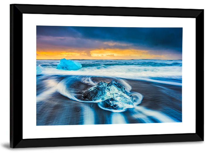 Diamond Beach Ice at Dusk Wall Art as a framed print