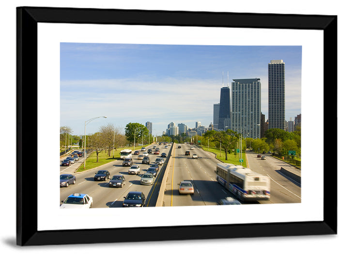 Chicago Expressway Toward Downtown Skyline Wall Art as a framed print