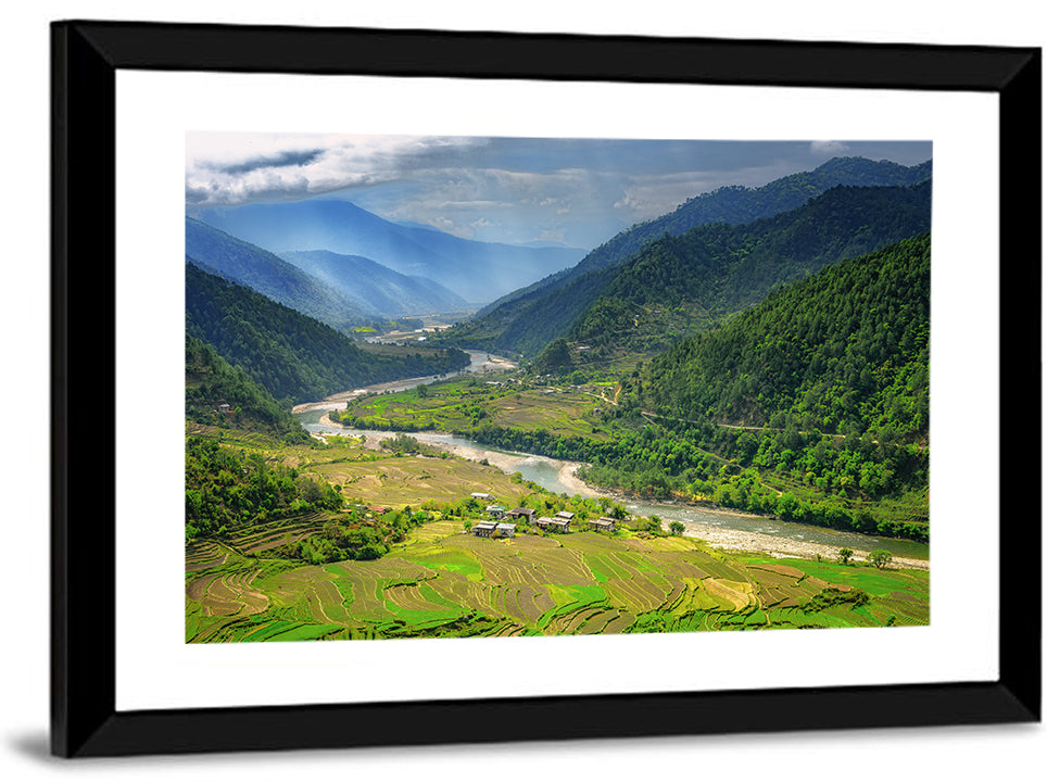 Punakha River Valley with Terraced Rice Fields Wall Art