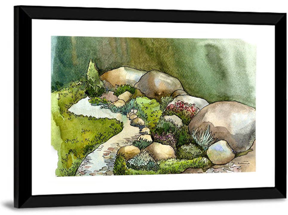 Watercolor Rock Garden Stream Wall Art