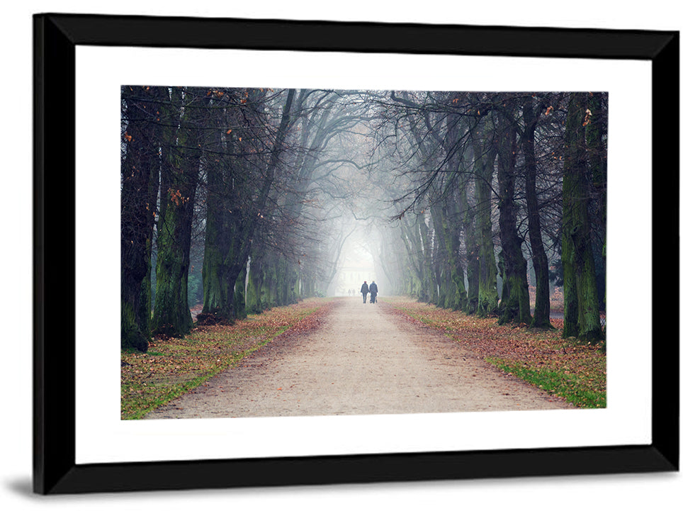 Foggy Tree Lined Walkway in Autumn Wall Art