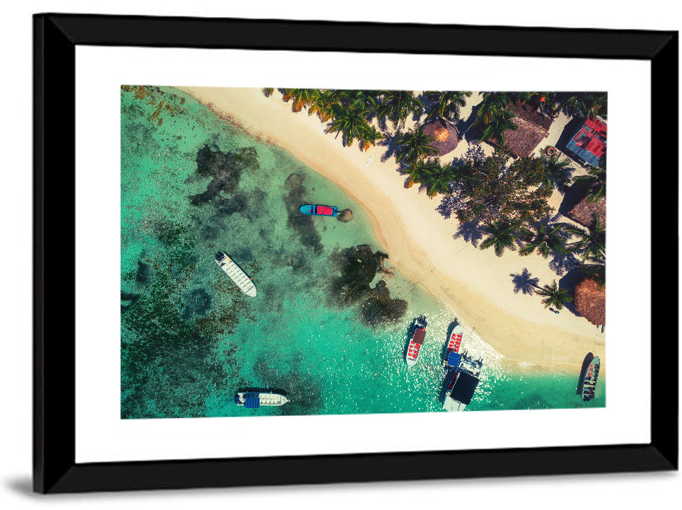Aerial Tropical Shoreline with Six Boats Wall Art