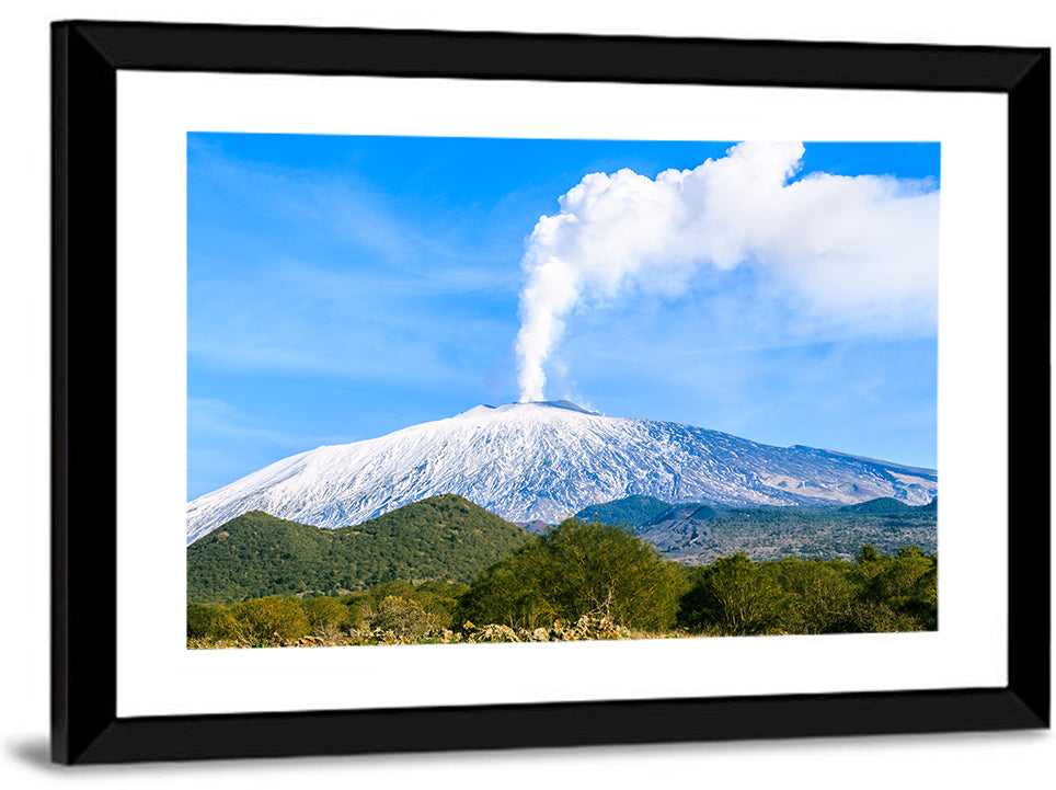 Snow-capped Mount Etna with Volcanic Plume Wall Art