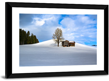 Rustic Barn on a Snowy Hill Wall Art