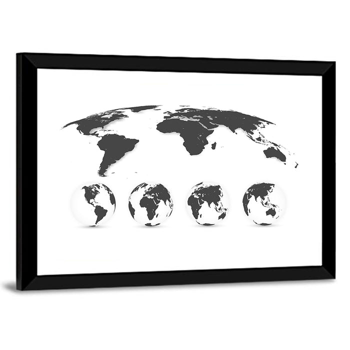 Stylized World Map and Globe Icons Wall Art as a framed print
