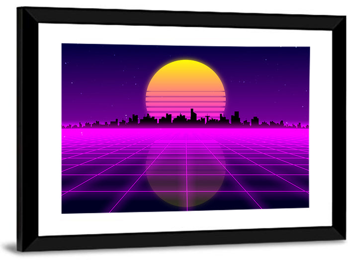 Neon Sunrise Skyline Wall Art as a framed print