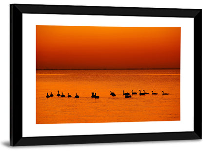 Geese Silhouettes at Orange Sunset Wall Art