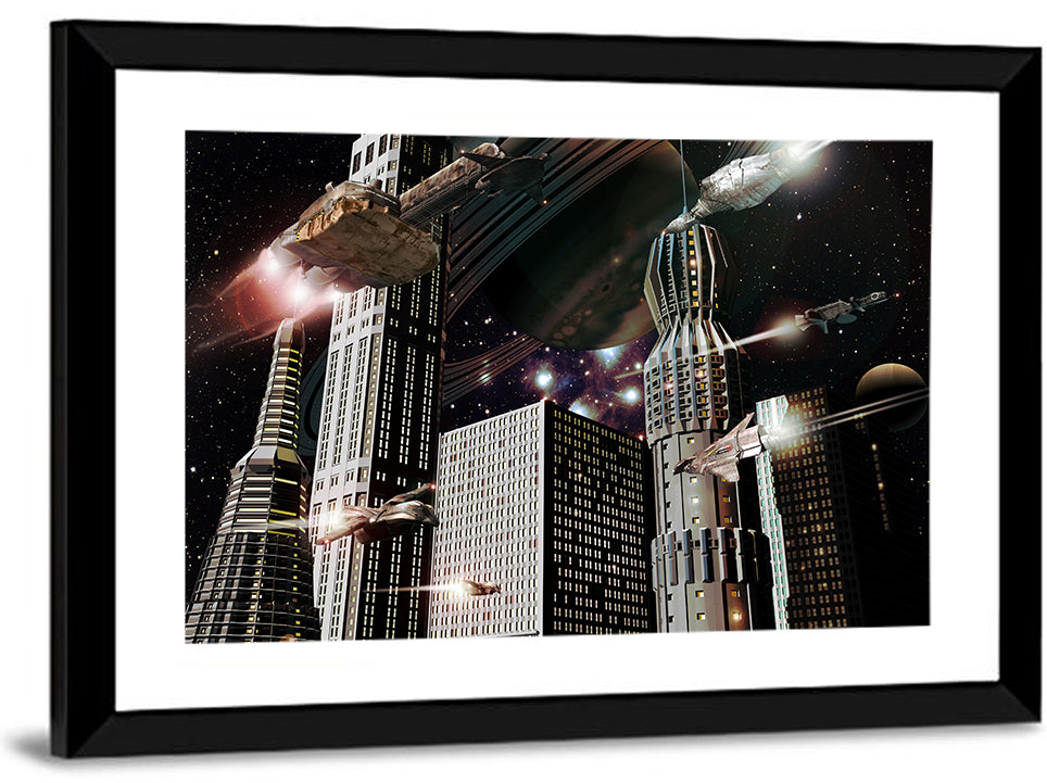 Ringed Planet Cityscape Wall Art