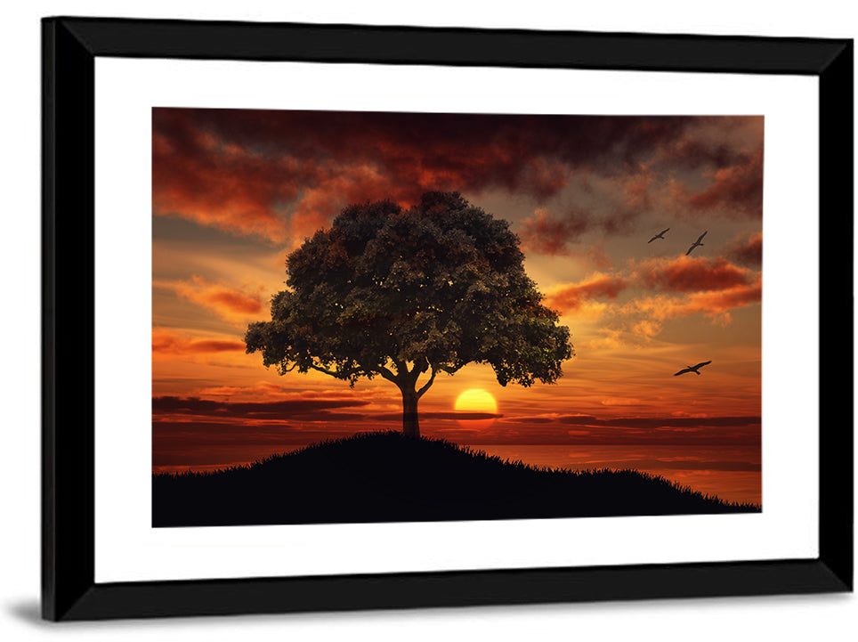 Lone Tree at Sunset with Birds Wall Art