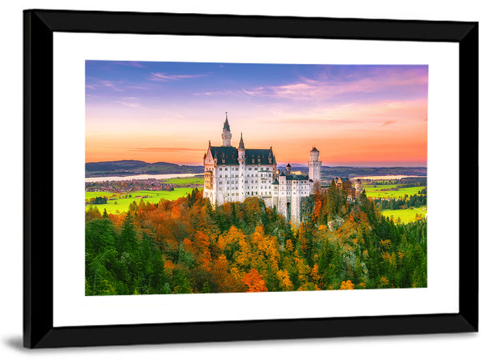 Neuschwanstein Castle at Autumn Sunset Wall Art as a framed print