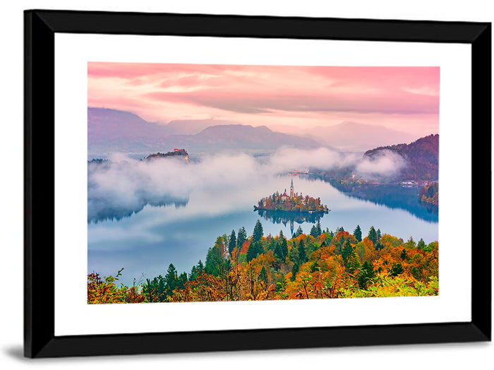 Misty Morning Over Lake Bled Wall Art as a framed print